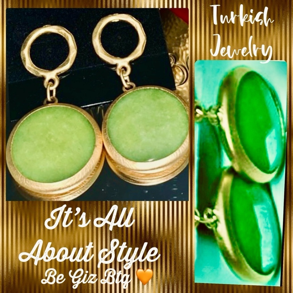 🆕Turkish Jewelry Earrings Gold Bath Over Metal With Stunning Green Chatee Stone
